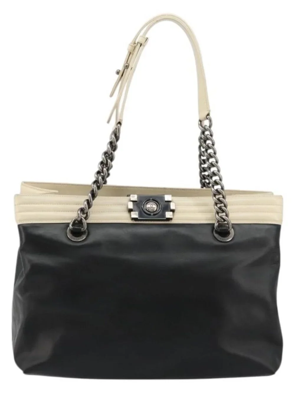 CHANEL Boy Chanel Chain Tote Bag Calf Skin Black Silver CC Auth bs35348